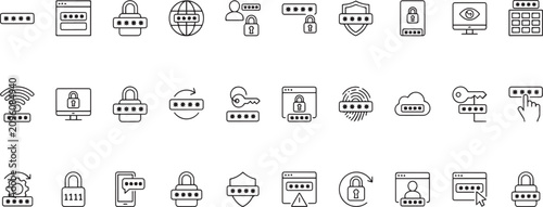 Collection of various security and technology icons featuring locks passwords and digital protection symbols on transparent background