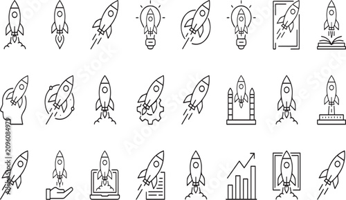 Creative collection of rocket launch icons with various concepts and activities depicted in simple line art style