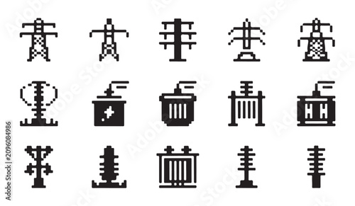 Set of pixel art electrical power infrastructure icons for energy and utility grid systems.