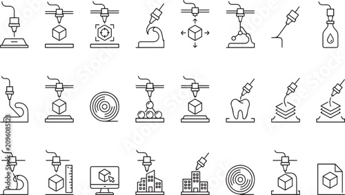 Various 3D Printing Processes and Applications Illustrated with Simple Line Icons on Transparent Background