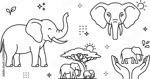 Canvas Print Elephant and wildlife safari line icon set with african savanna tree elephant he