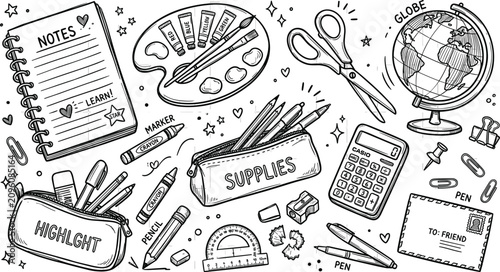 Canvastavla Hand drawn school supplies doodle vector set with notebook palette scissors glob
