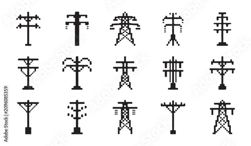 Schilderij op canvas Set of pixel art electricity pylons and transmission towers for power line distribution