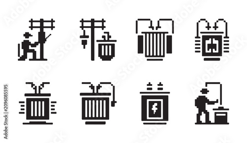 Various electric power distribution equipment and utility maintenance worker service icons.