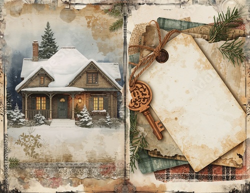 Vintage collage featuring a snowy winter cabin scene beside a rustic blank tag with a wooden key