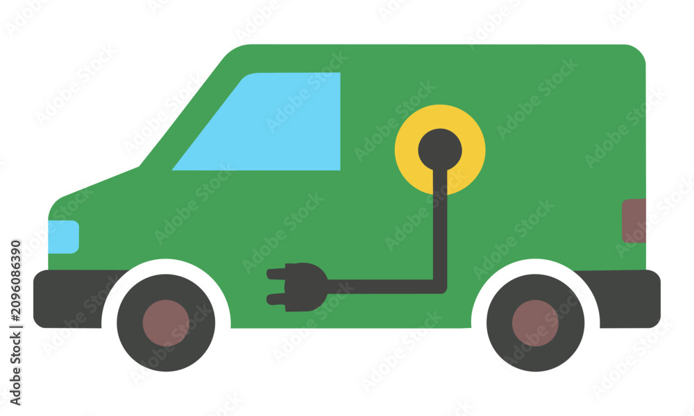 Fototapeta premium Electric delivery van icon with charging cable in a side profile view on a solid background, sustainable transport and green logistics concept