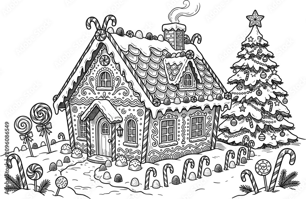 Fototapeta premium Christmas Gingerbread House Coloring Page Vector Illustration with Candy Canes, Lollipops, and Decorated Pine Tree in Winter Snow for Festive Adult Activity Book