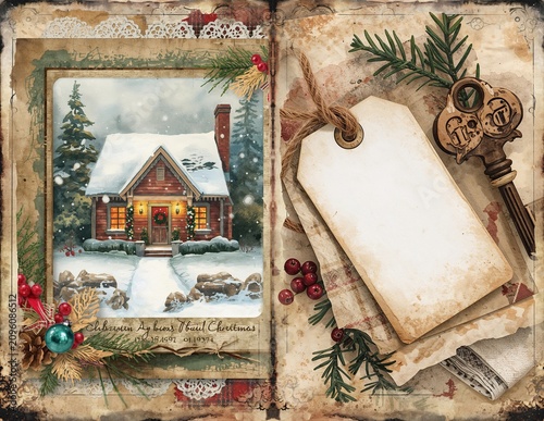 Vintage Christmas scrapbook page featuring snowy cabin watercolor blank gift tags and an antique key