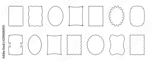 Frame thin line different shape, wave border. Text box curve edge icon. Cute geometric photo cloud outline design isolated on white background. Elegant empty poster sticker set. Vector illustration