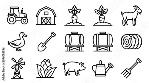 Farming Icons Set: Tractor, Barn, Animals, Crops, Tools - Vector Outline
