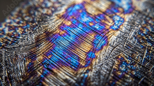 Close-up of iridescent tempering colors and crystalline texture on a treated metal surface