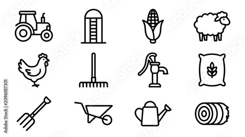 Картината върху платно Farm Icons Set: Tractor, Chicken, Sheep, Corn, Rake, Pitchfork, Hay Bale, Silo,