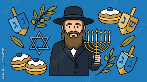 Foto Cartoon Jewish man holding a menorah with Hanukkah symbols
