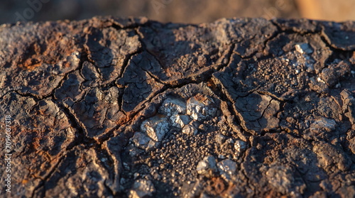 Close-up texture of a heavily cracked, dark oxidized metal crust revealing shiny crystalline inclusions and rust highlights