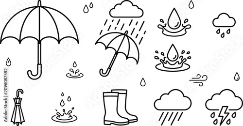 Tableau sur toile Rainy season weather line art icon set featuring umbrella rain boots water splas