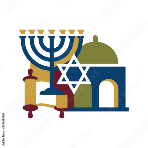 Slika na platnu Jewish religious symbols including menorah, star of david, torah scroll and syna