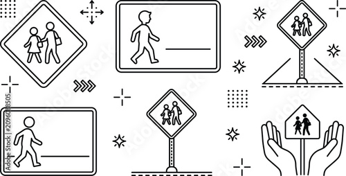 Tableau sur toile School zone traffic sign vector icon set featuring pedestrian crossing signals and safety symbols for careful urban driving