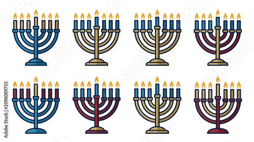 Bild auf Leinwand Beautifully illustrated Hanukkah menorahs featuring nine glowing candles