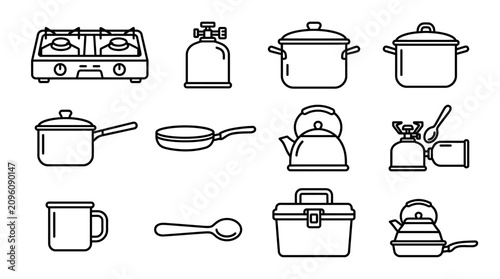 Camping Cookware Icons: Stove, Pots, Pans, Kettle, Utensils, Mug, Cooler