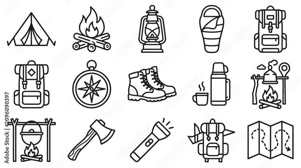 Fototapeta premium Camping Gear Icons: Tent, Fire, Backpack, Boots, Lantern, Sleeping Bag, Compass, Map