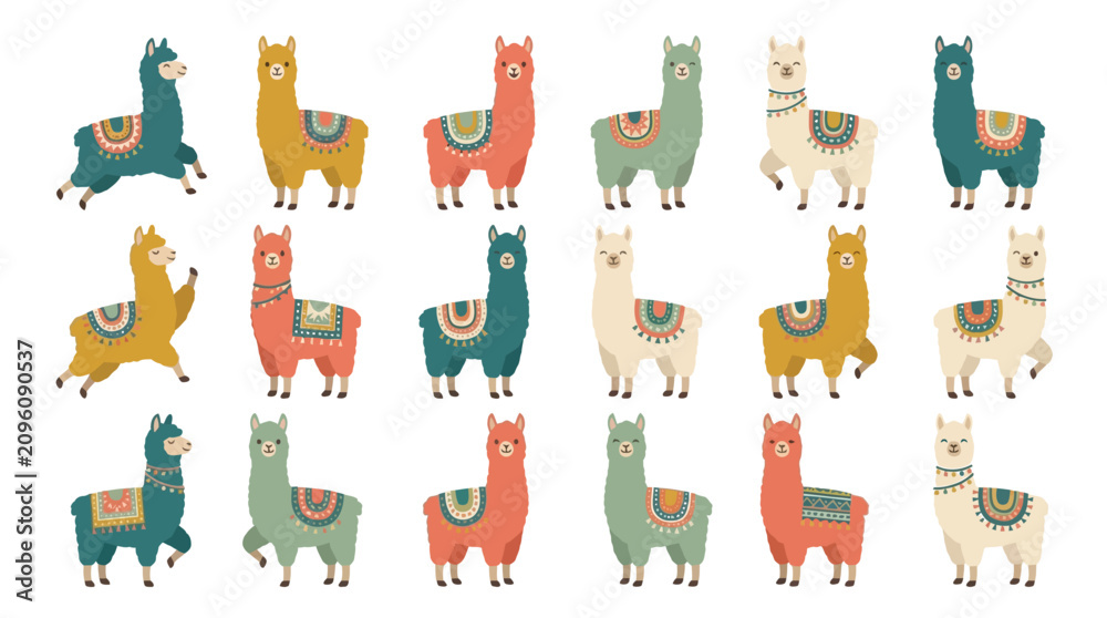 Fototapeta premium Colorful illustration of multiple llamas standing.