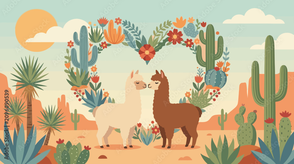 Fototapeta premium Two llamas standing in a desert landscape.