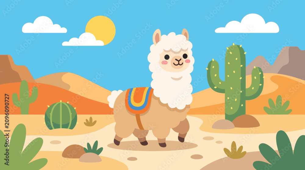 Fototapeta premium A cartoon llama in a desert landscape.