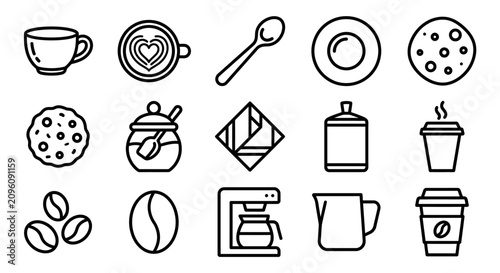 Coffee Icons Set: Cup, Latte Art, Beans, Machine, Cookies, Spoon, Sugar