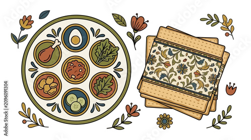 Schilderij op canvas Traditional festive meal plate with matzah bread and floral decorations
