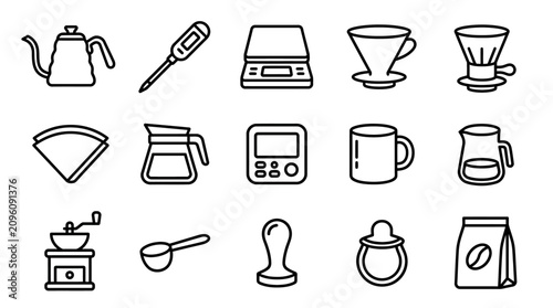 Bild auf Leinwand Coffee Brewing Equipment Icons: Pour Over, Grinder, Scale, Kettle, Thermometer,