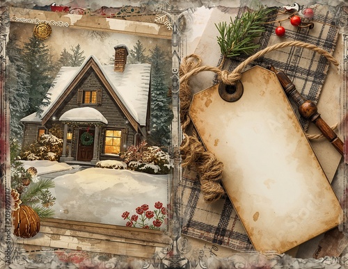 Vintage winter holiday collage showing a snow covered cabin and blank rustic gift tag with pine branch