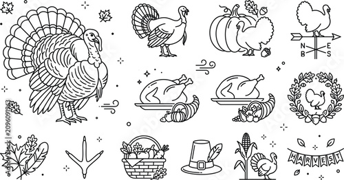 Bild auf Leinwand Thanksgiving holiday harvest line art icon set featuring turkey pumpkin pilgrim