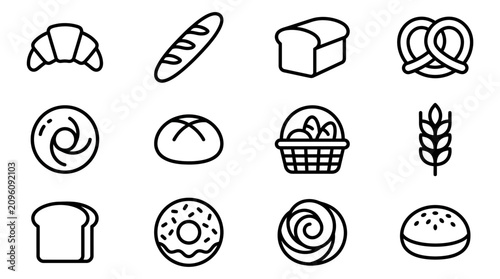 Quadro su tela Bakery Icons: Croissant, Bread, Pretzel, Donut, Wheat, Pastries Collection
