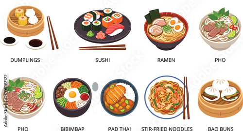 Schilderij op canvas Traditional Asian Food Menu Vector Illustration Set Featuring Dumplings, Sushi,