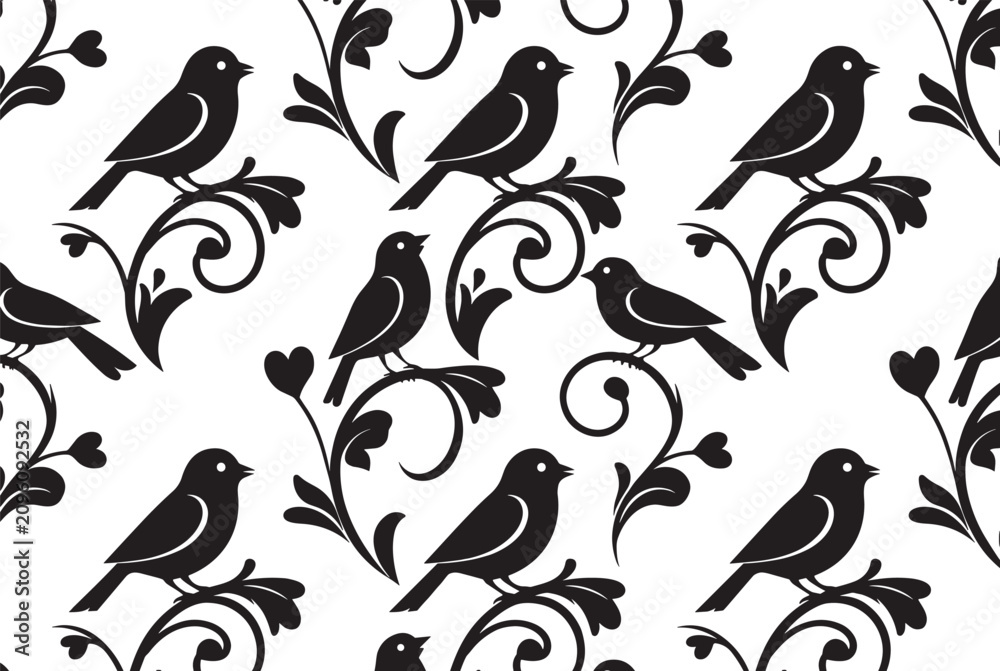 Fototapeta premium Black bird silhouettes perched on elegant floral branch swirls form a repeating seamless pattern on a crisp white background for textile design.