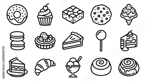 Sweet Desserts Icons: Donut, Cupcake, Cookie, Pie, Ice Cream, Croissant, Macaron