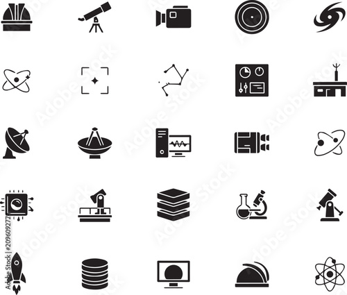 Collection of various scientific research and astronomy icons with transparent backgrounds for educational and technical use