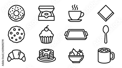 Bakery Icons Set: Donut, Cookie, Croissant, Pancakes, Muffin, Coffee, Tea, Spoon