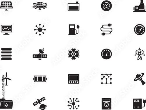 Collection of various technology and energy icons with transparent background for digital use