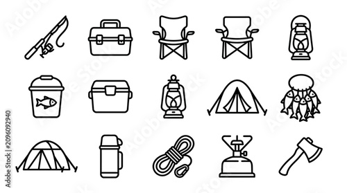 Camping Gear Icons: Fishing Rod, Tent, Lantern, Cooler, Chair, Stove, Axe