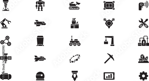Collection of various technology and industrial icons featuring robots machines tools and transportation equipment on transparent background