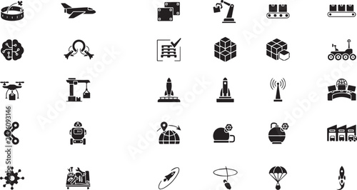 Collection of various technology and industry icons with transparent background for digital use