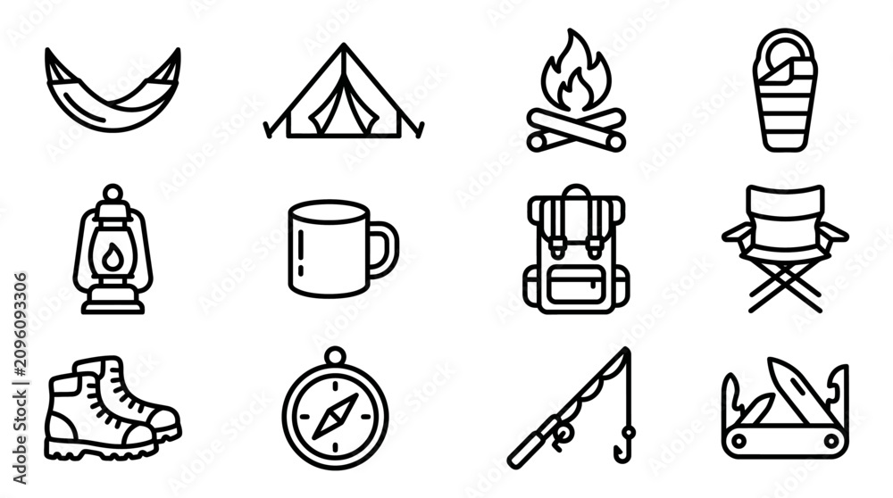 Fototapeta premium Camping Icons: Tent, Hammock, Fire, Sleeping Bag, Lantern, Mug, Backpack, Chair, Boots