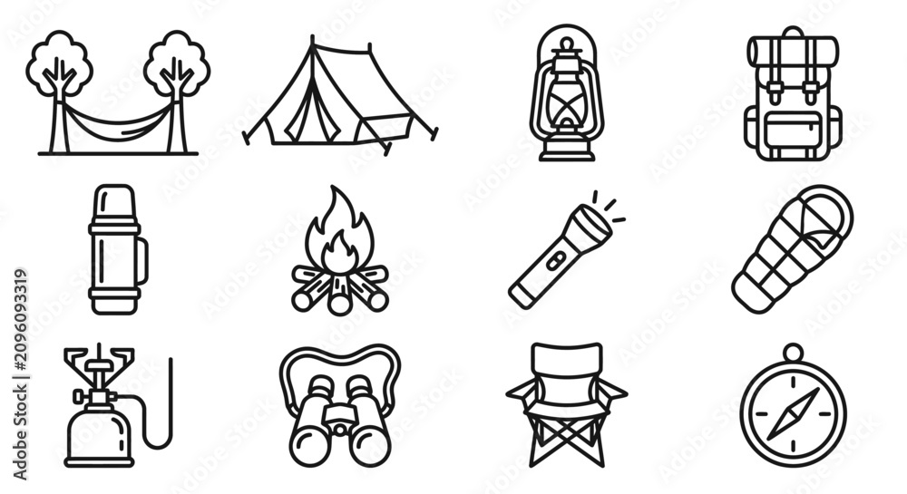 Fototapeta premium Camping Icons Set: Tent, Backpack, Lantern, Hammock, Sleeping Bag, Compass