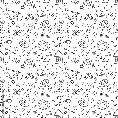 Playful Black Line Doodle Pattern Repeating on White Background