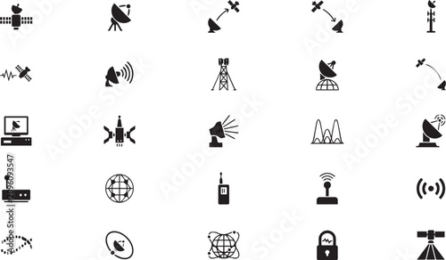 Collection of various technology communication satellite and signal transmission icons with transparent backgrounds