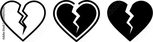 Broken heart icon set. Collection of heart break symbols in outline, offset, and solid black styles. Editable vector illustration on white background.