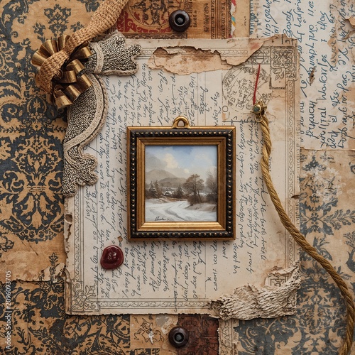 Miniature framed winter landscape painting hanging on a collage of aged papers and fabric