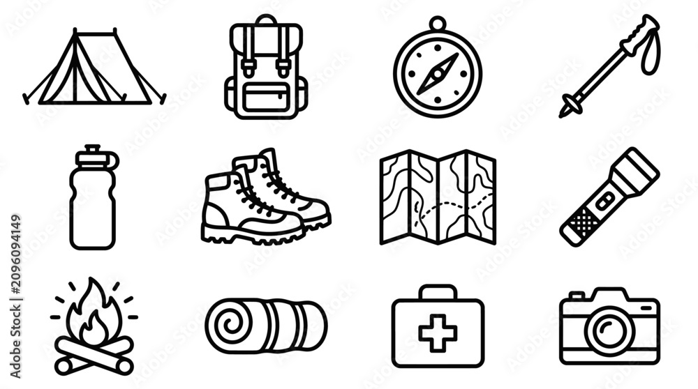 Fototapeta premium Camping Gear Icons: Tent, Backpack, Compass, Boots, Map, Flashlight, Fire, Sleeping Bag, First Aid