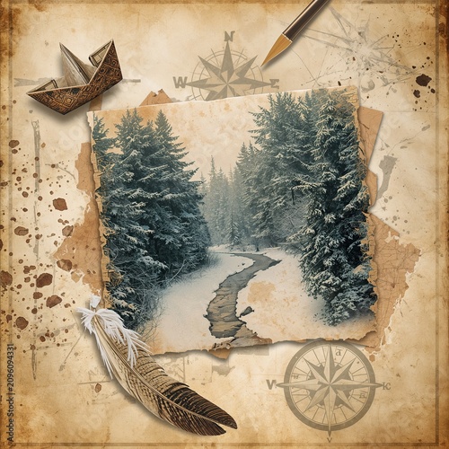 Vintage collage featuring a snowy forest path photograph feather paper boat and compass rose